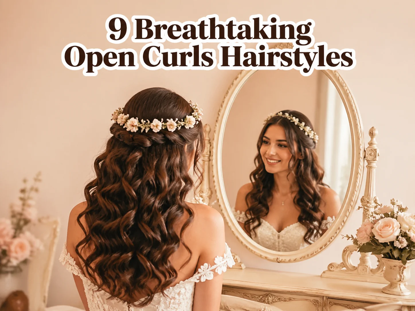Open curls bride flowing floral crown mirror reflection romantic
