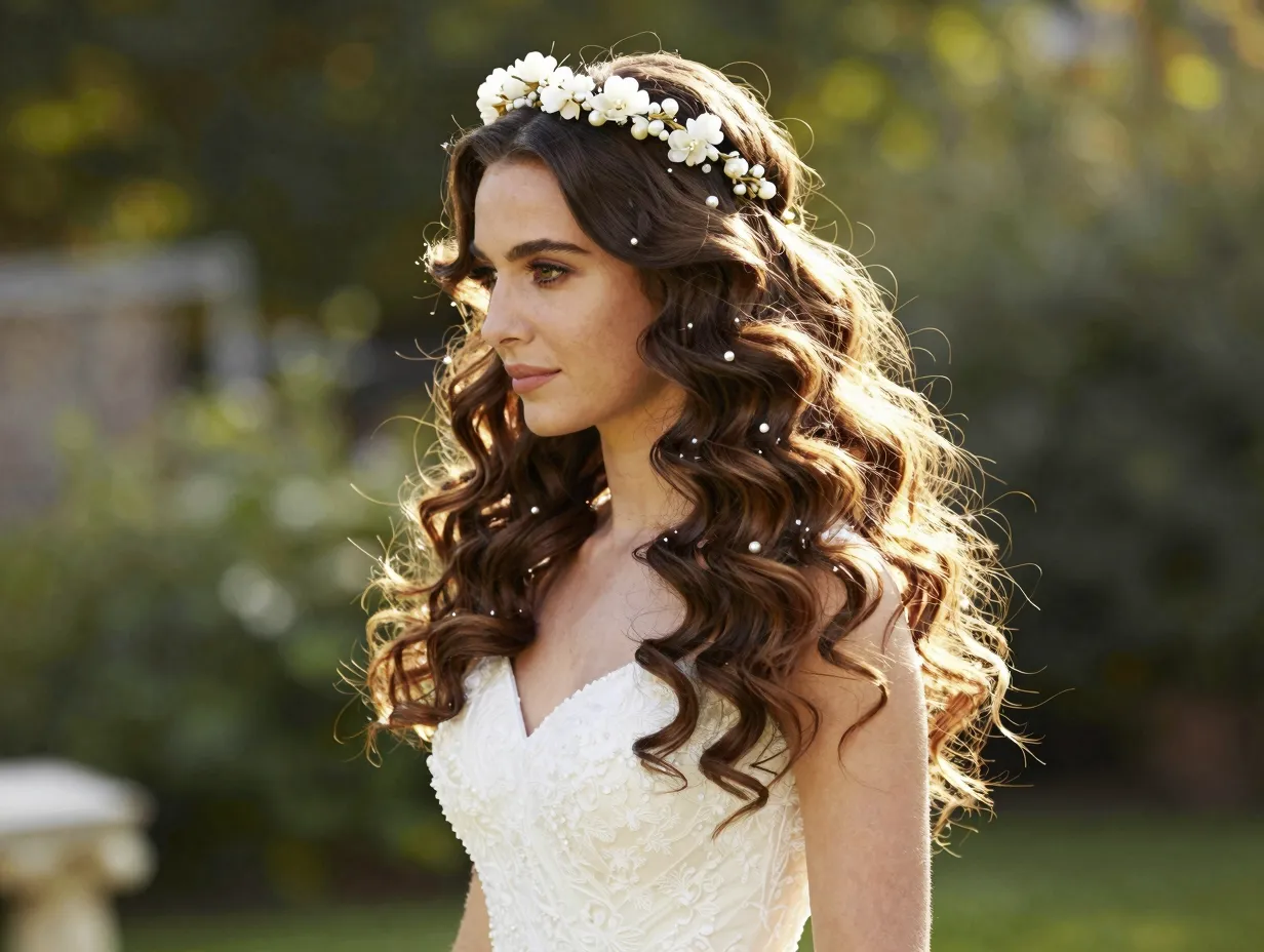 Classic loose romantic curls bride in outdoor garden setting