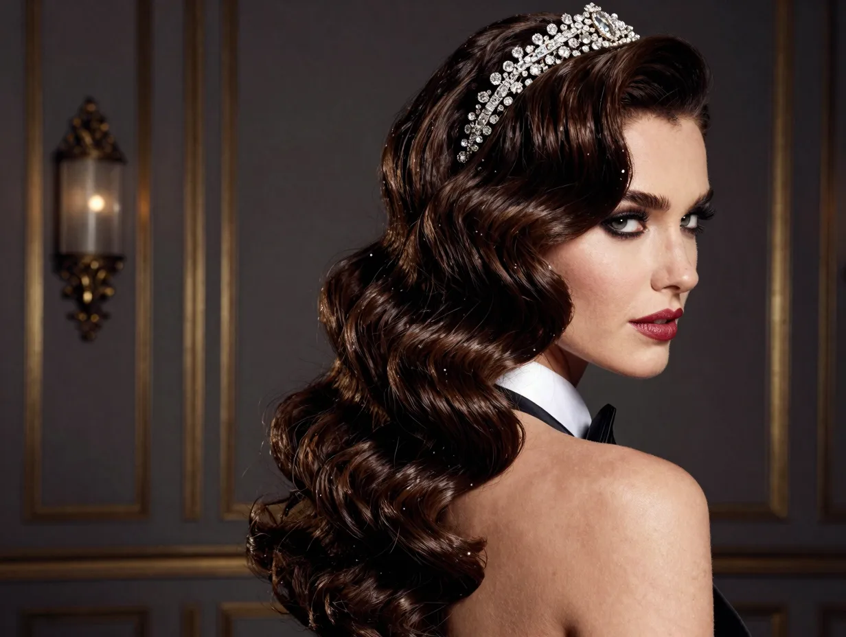 Glamorous s curl waves with jeweled headband at black tie wedding