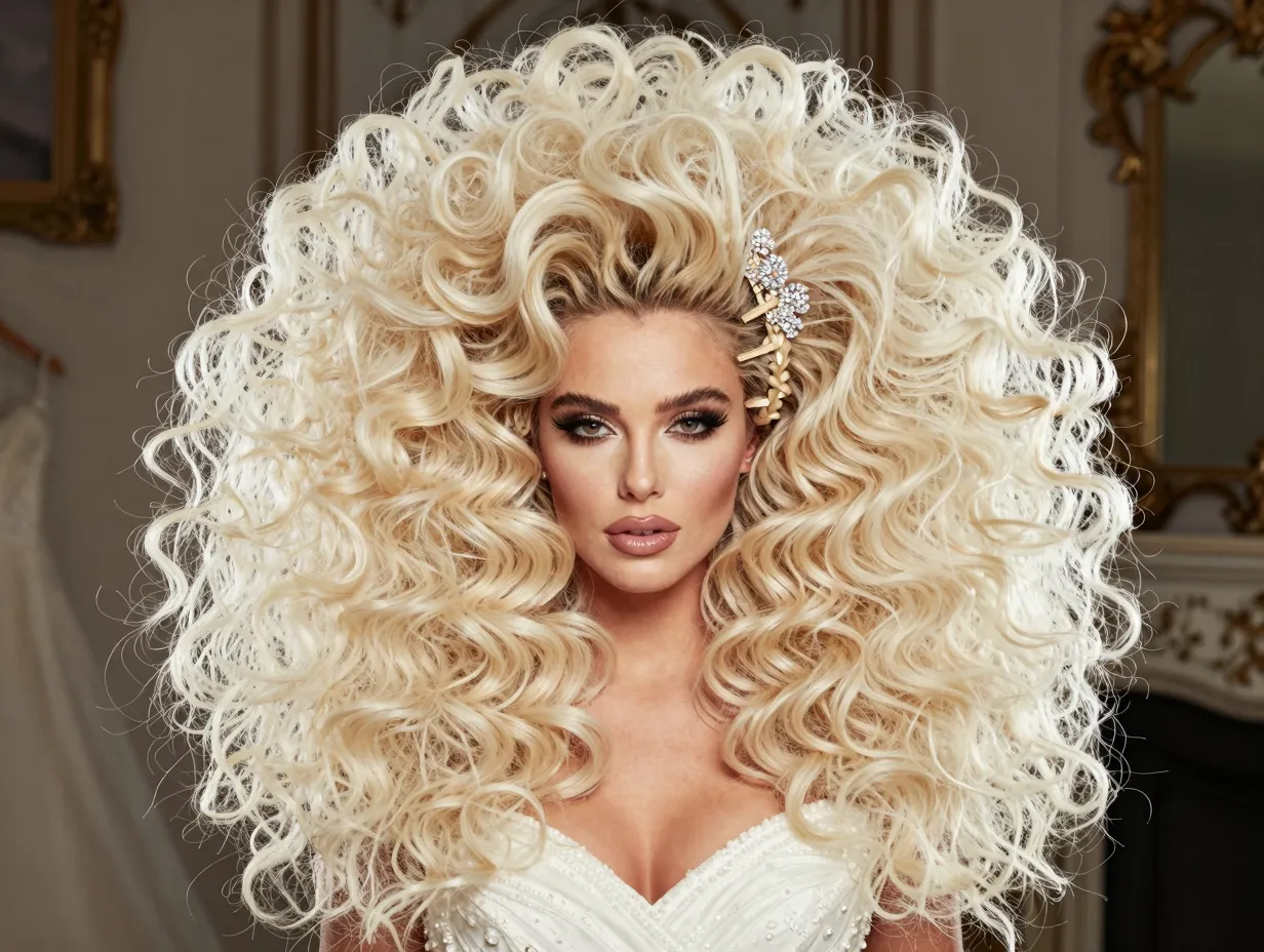 Voluminous brushed out curls with sparkling clip for maximalist bride
