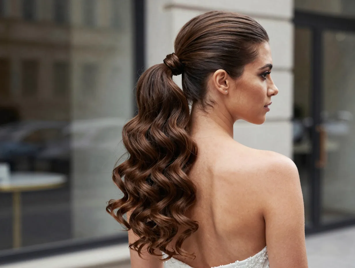 Slicked back ponytail with voluminous curls for city wedding