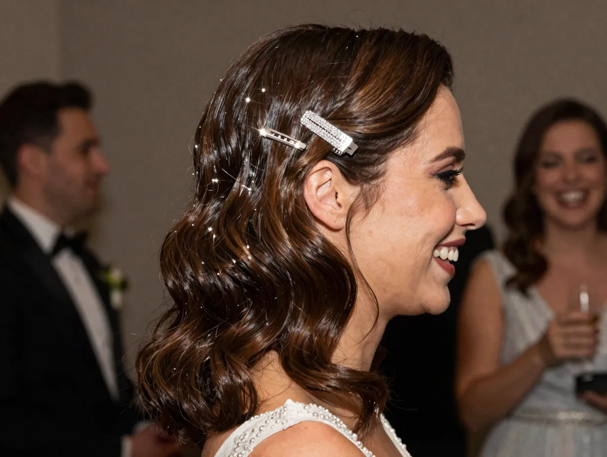 Soft waves with slicked front and sparkling clips for evening reception