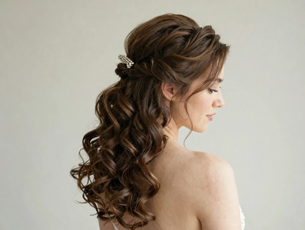 Half up open curls with romantic twist and jeweled clip