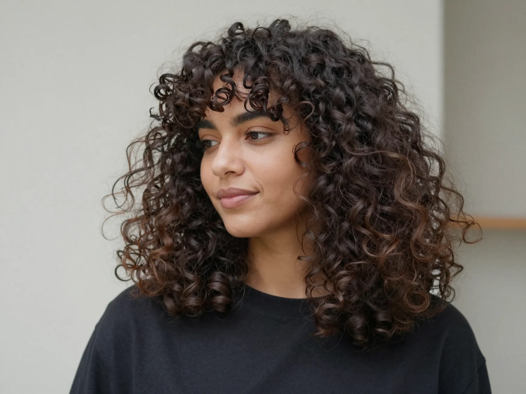 Curly lob grazing shoulders adaptable styling options face framing layers