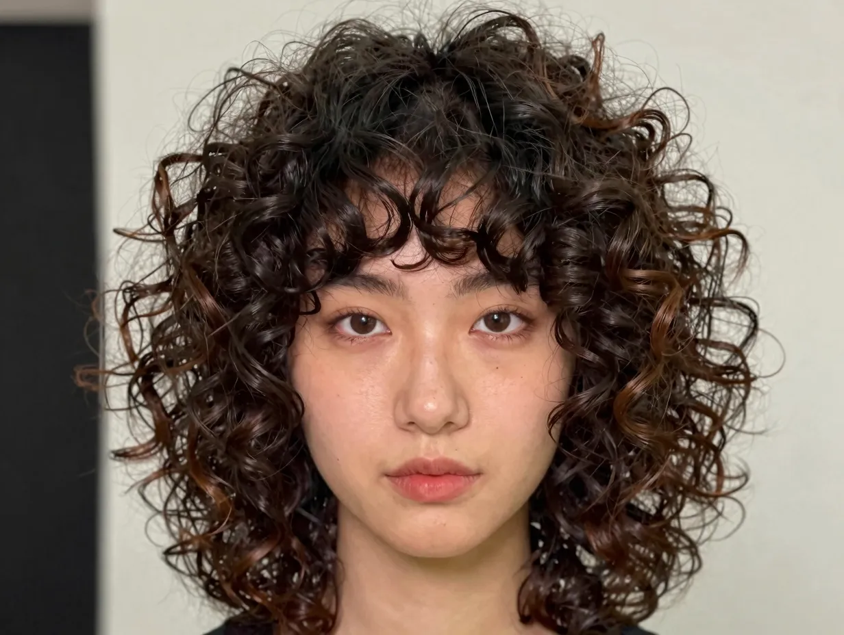Curly bangs soft bouncy spirals bold fashion forward eighties inspired