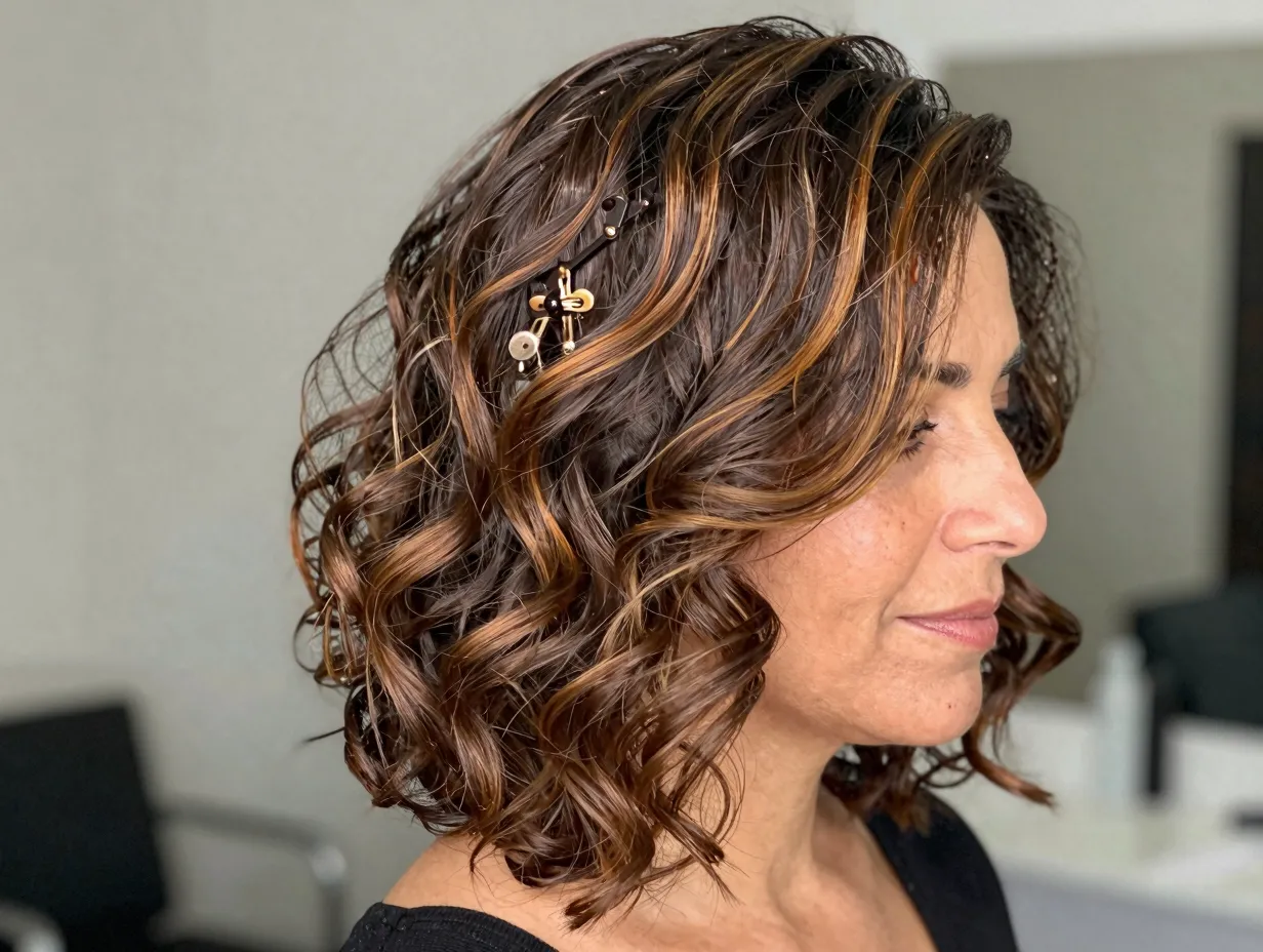 Loose curls side separation polished mature look strategic highlight accents