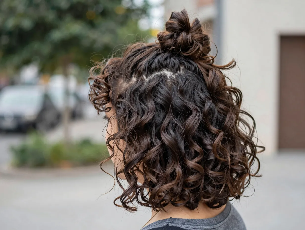 Half up top knot loose crown bun free face framing curls casual chic