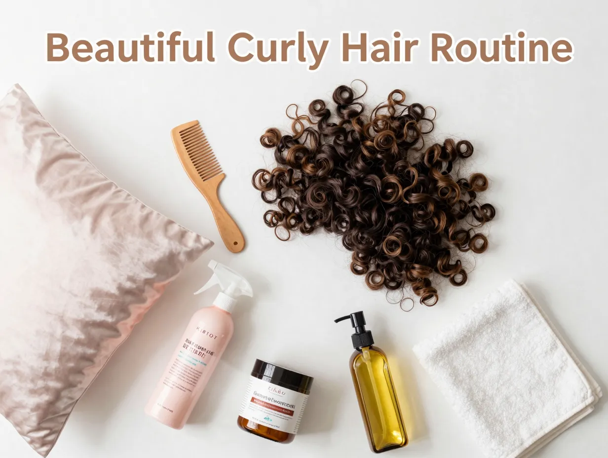 Flat lay curl care essentials silk pillowcase microfiber towel products