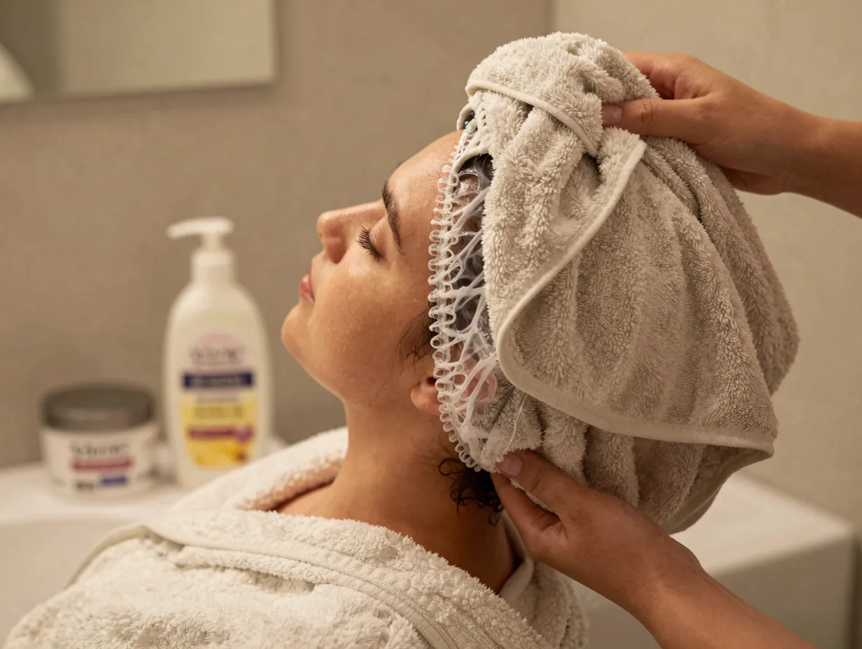 Person deep conditioning hair mask under warm towel shower cap