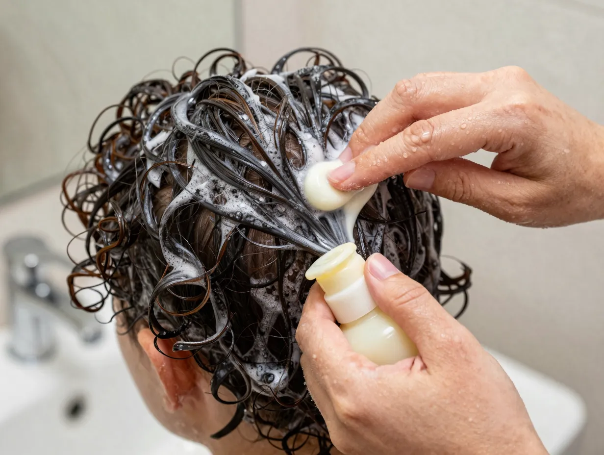 Applying leave in conditioner to soaking wet curly hair bathroom