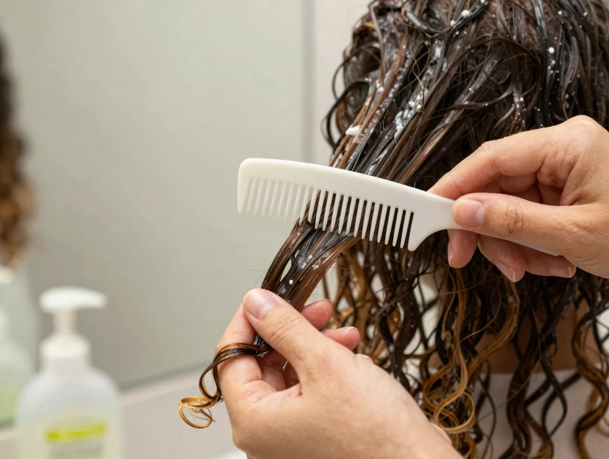 Wide toothed comb gently detangling wet curly hair conditioner