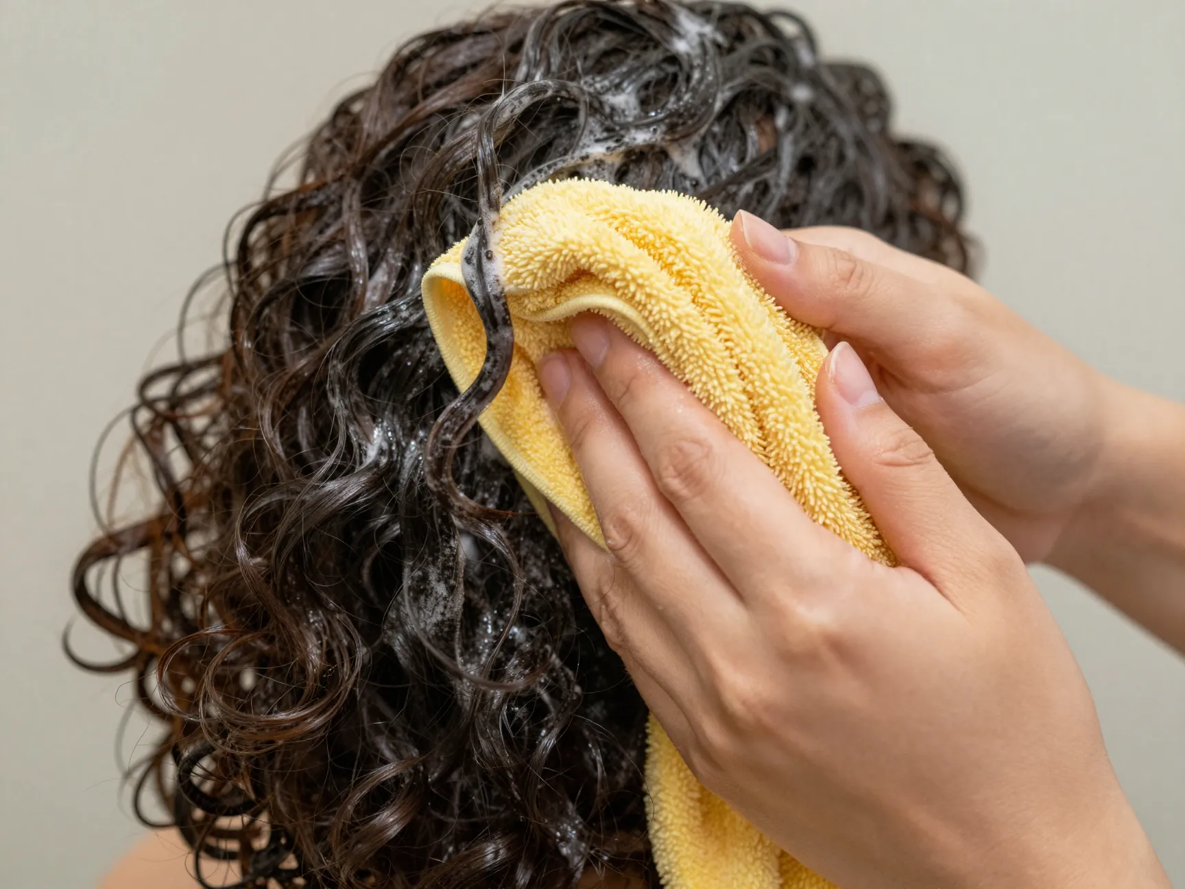 Microfiber towel gently scrunching water out damp curly hair