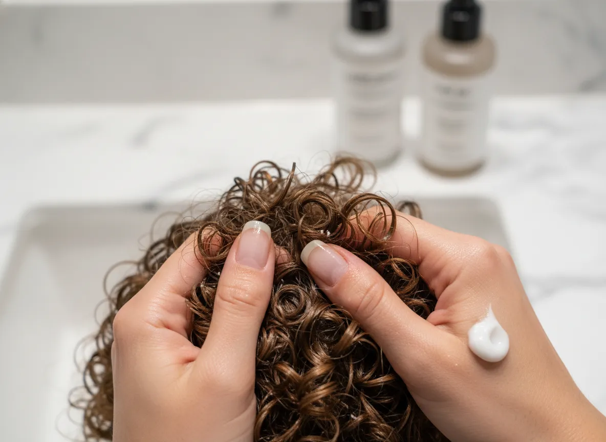 Applying curl defining cream damp hair upward scrunching motion