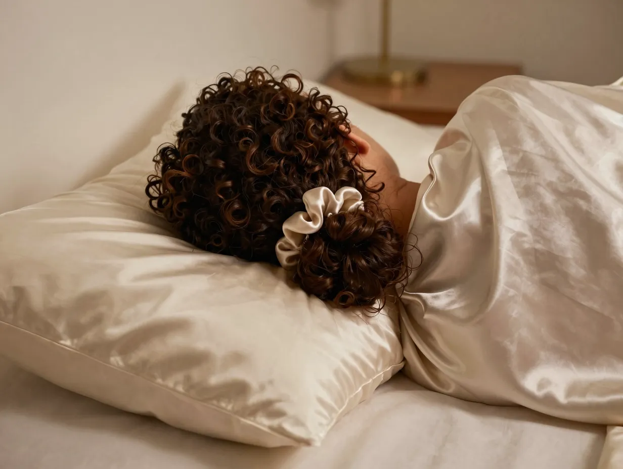 Silk pillowcase pineapple updo protecting curly hair overnight