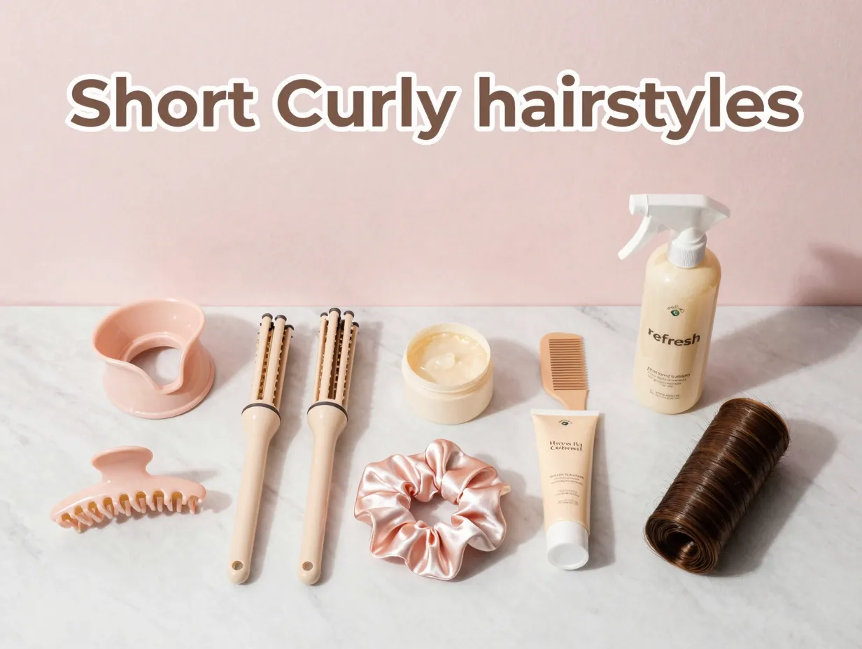 Short curly hair styling tools and products flat lay arrangement