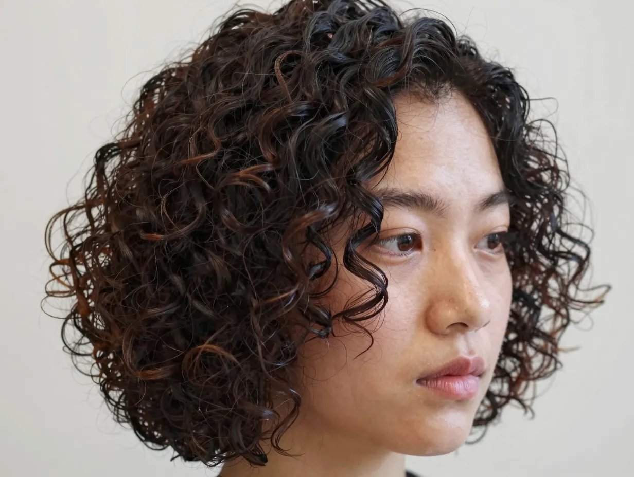 Curly asymmetrical bob with defined curls framing face diagonal line