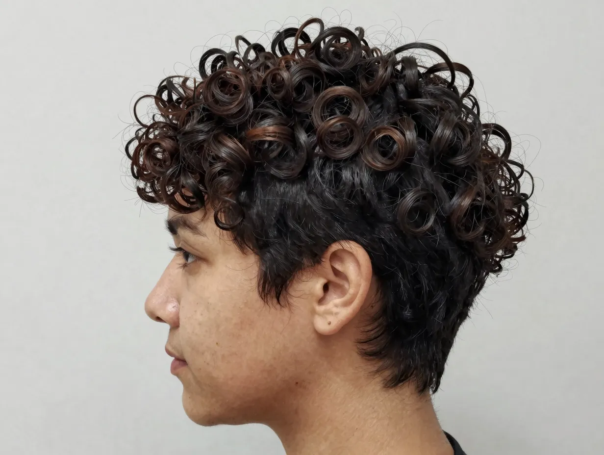 Curly pixie cut with even two inch length defined crown curls