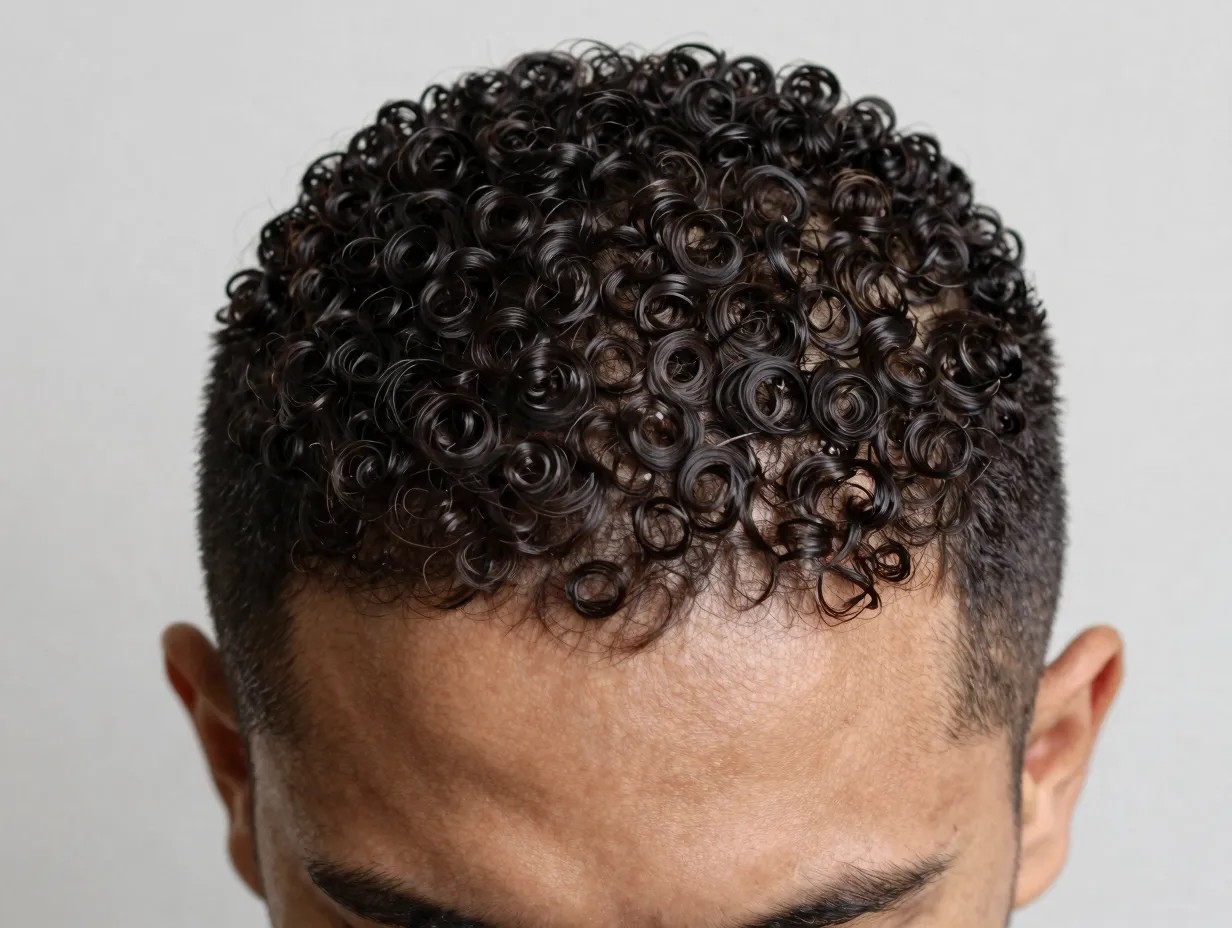 Curly buzz cut with short clean lines visible curl pattern texture