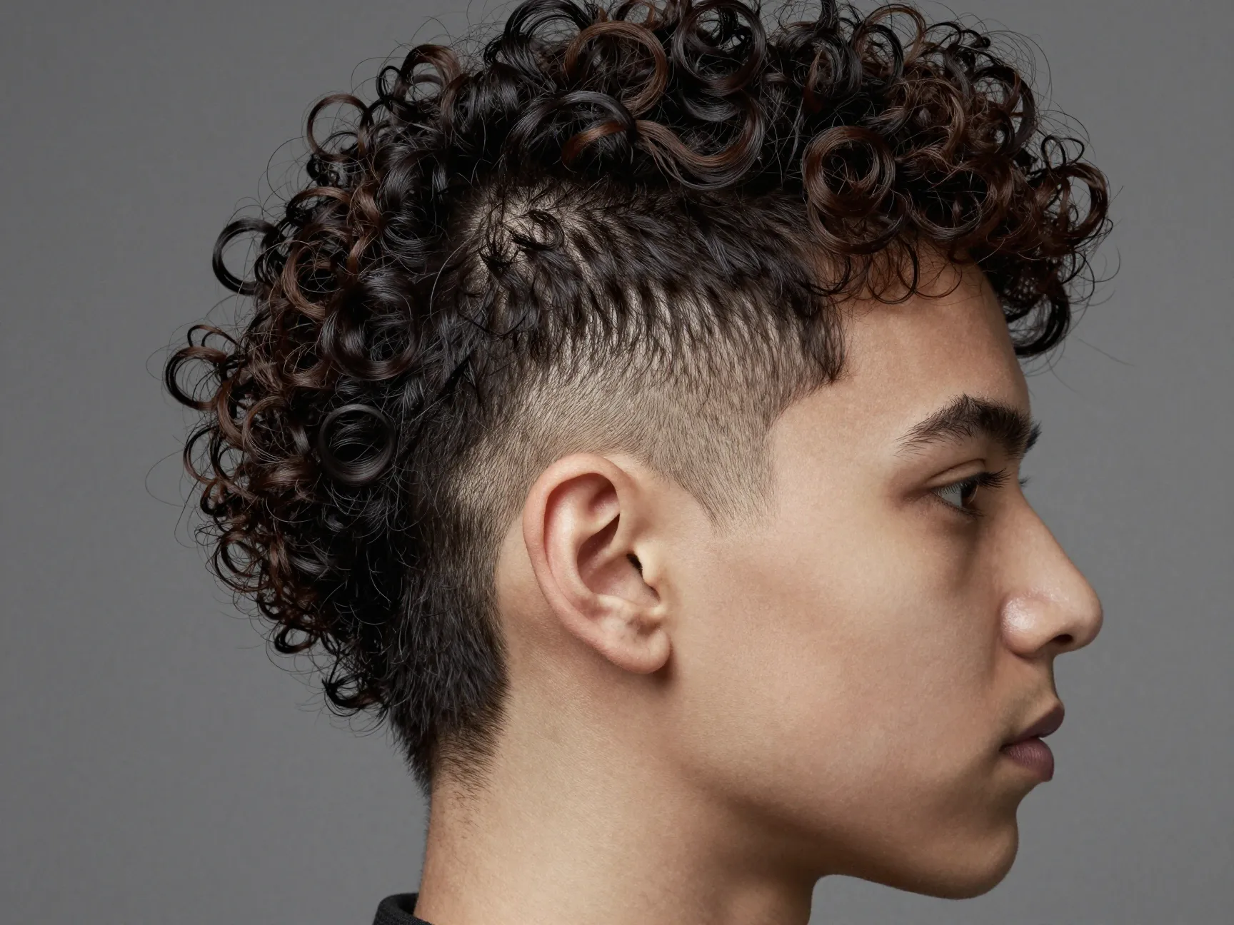 Curly undercut with buzzed temple longer top hair hidden section