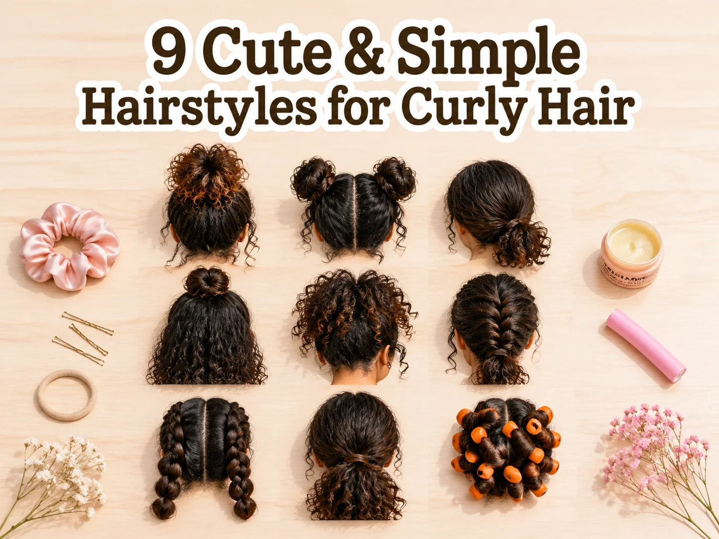 Flat lay nine curly hairstyles with accessories on pastel surface
