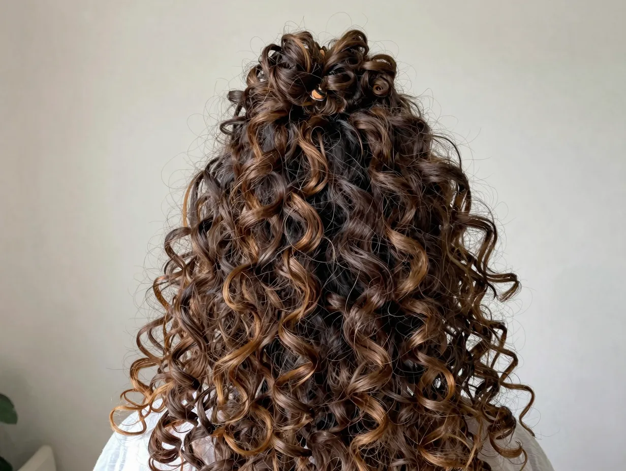 Curly pineapple high loose scrunchie ponytail cascading curls