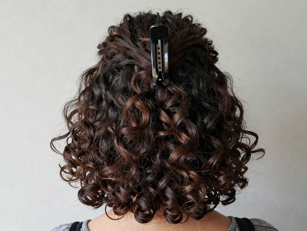 Half up half down curly hair with bold hair clip top