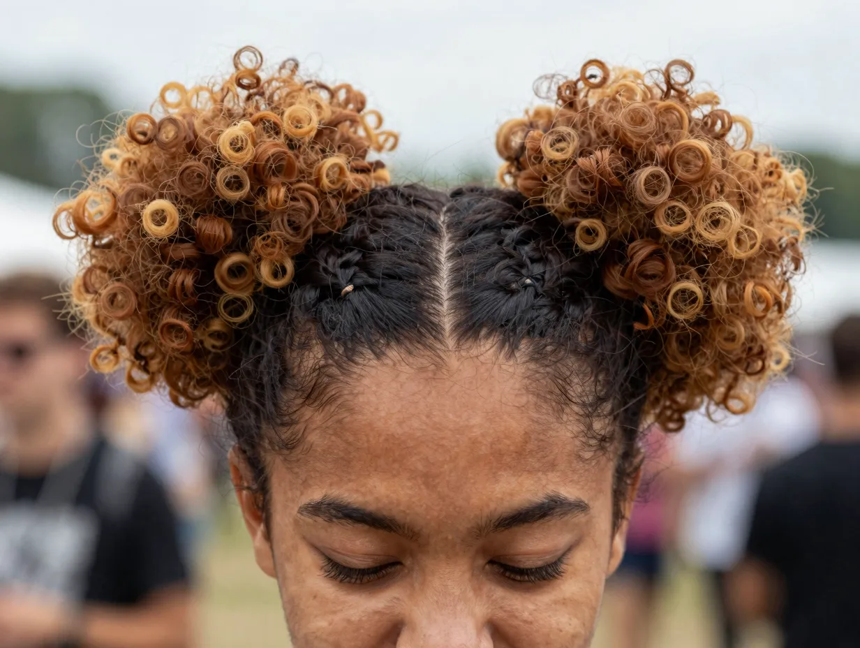 Curly space buns symmetrical playful voluminous side buns