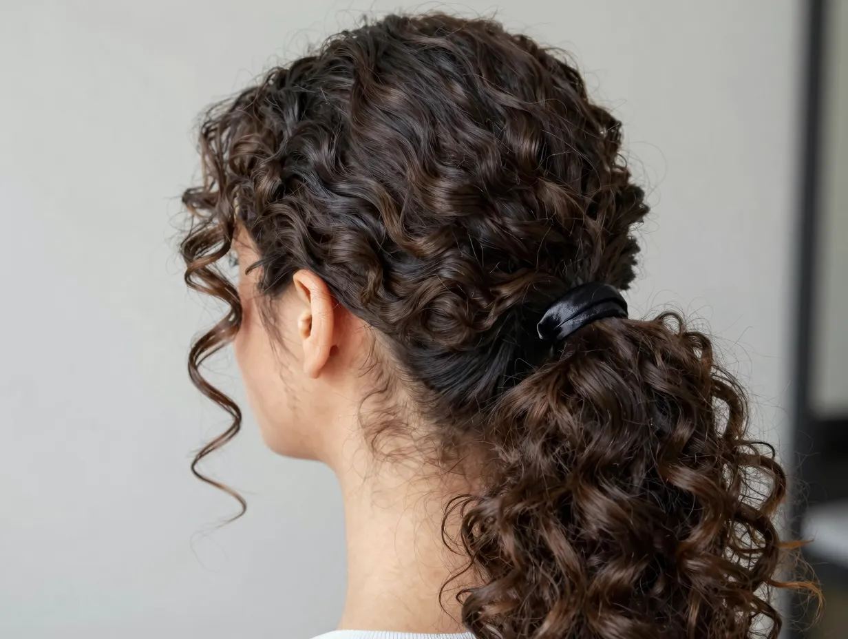 Low ponytail curly hair smoothed edges satin elastic