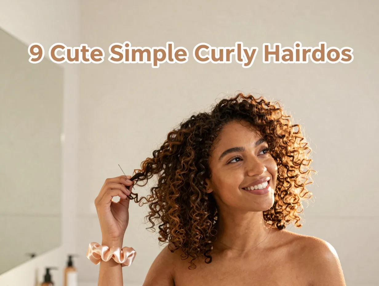 Woman curly hair satin scrunchie styling cream bathroom light
