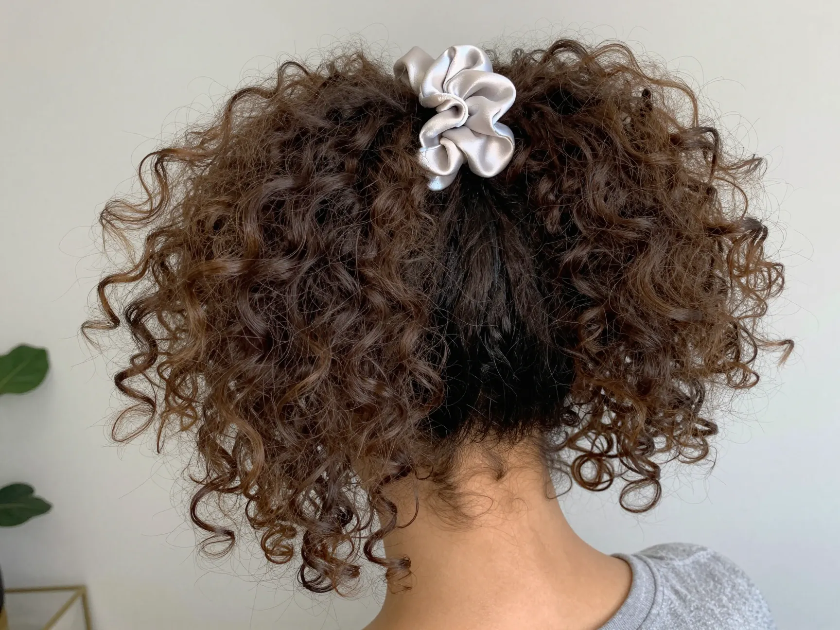 High ponytail crown volume satin scrunchie face framing curls lifestyle