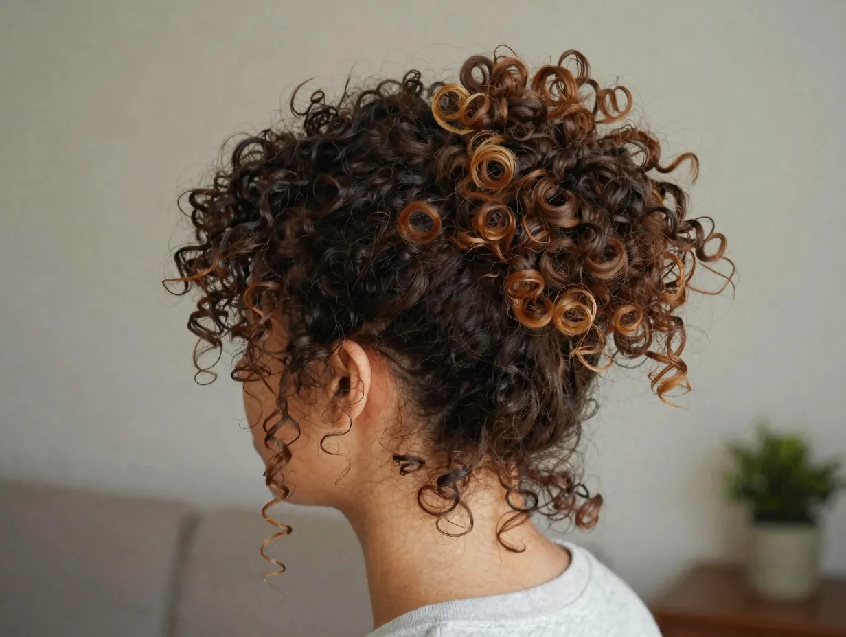 Pineapple updo high loose ponytail soft scrunchie fluffed curls volume