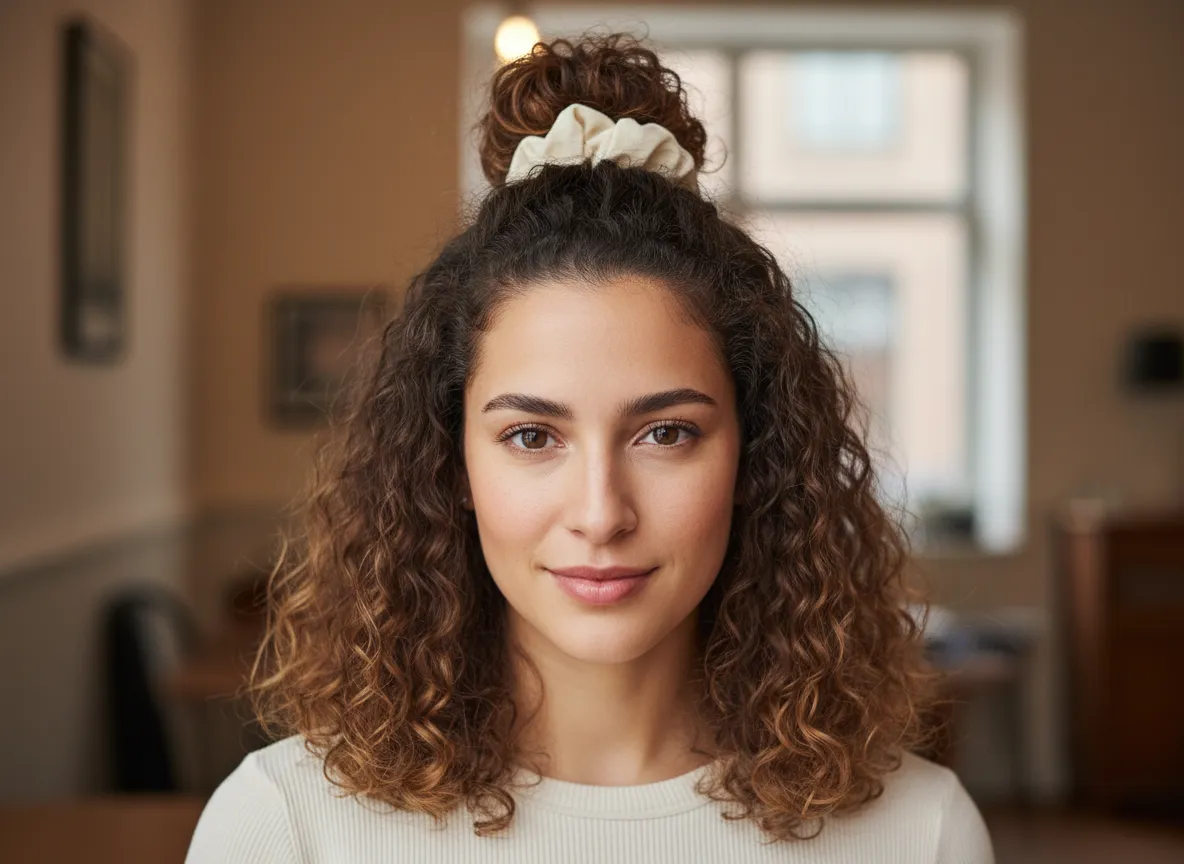 Half updo top knot styling cream bottom curls free casual outing