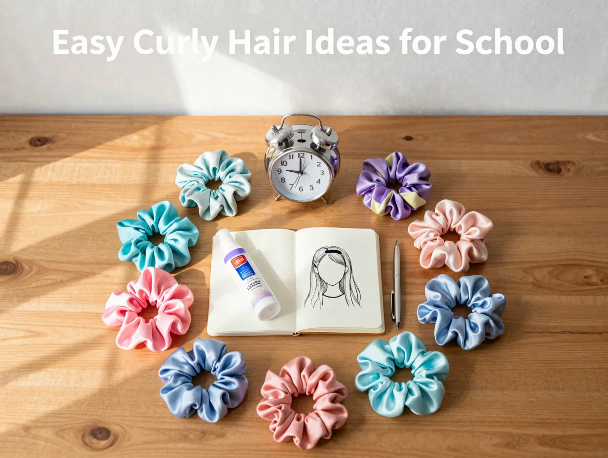 Nine silk scrunchies alarm clock curly hair styling desktop flatlay