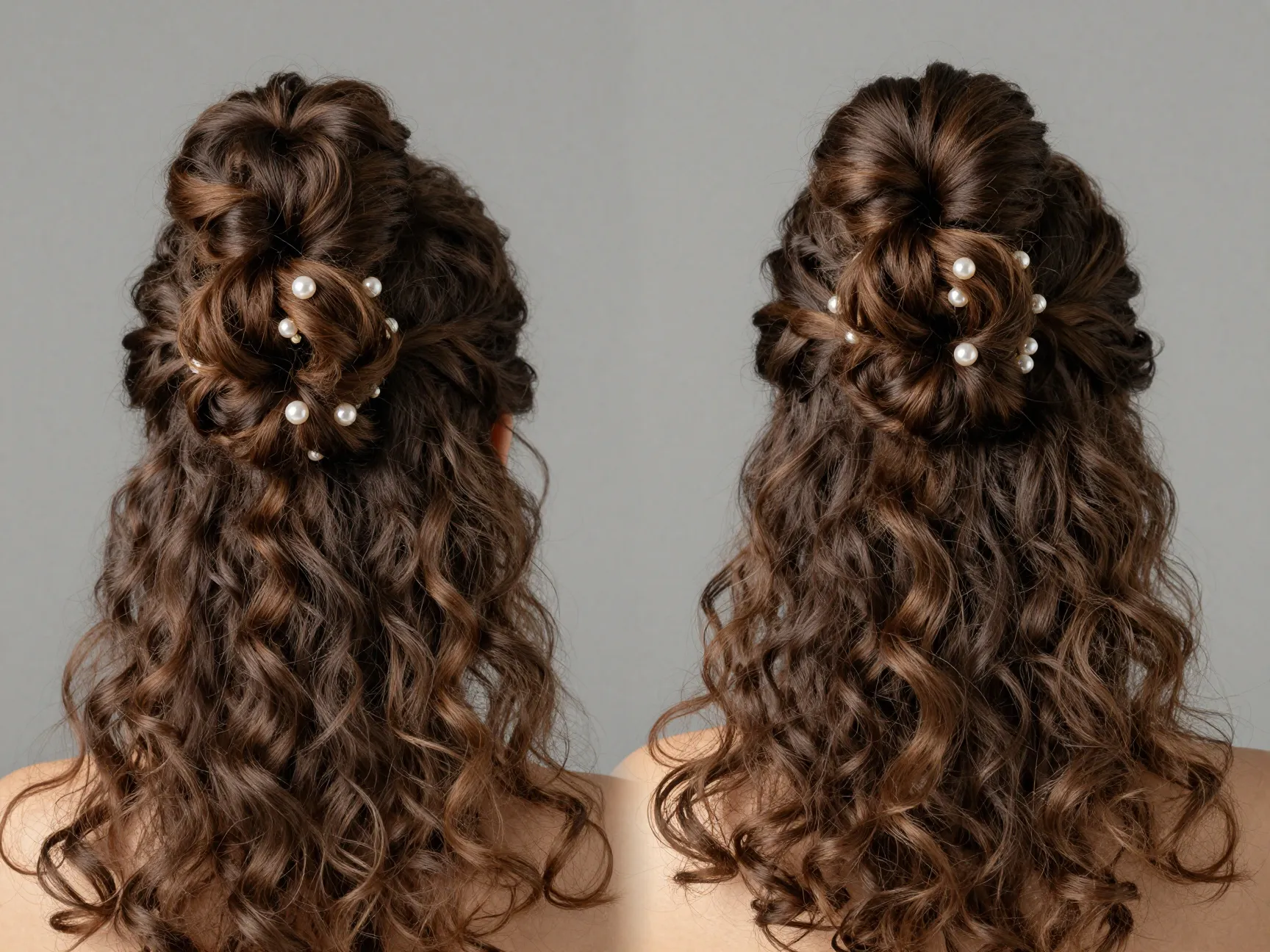 Half up half down curly knot bun with pearl hair clip
