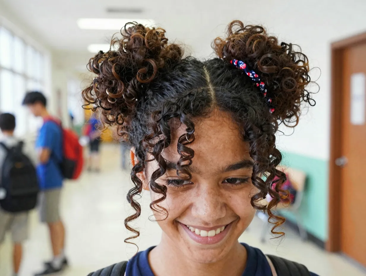 Two playful messy curly buns with face framing curls