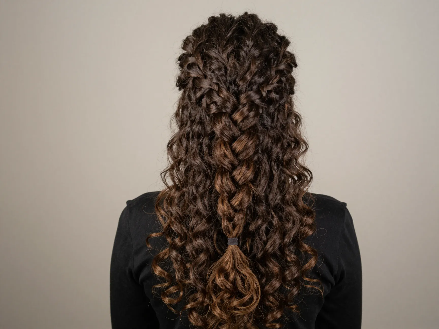 Single long voluminous braid on curly hair length