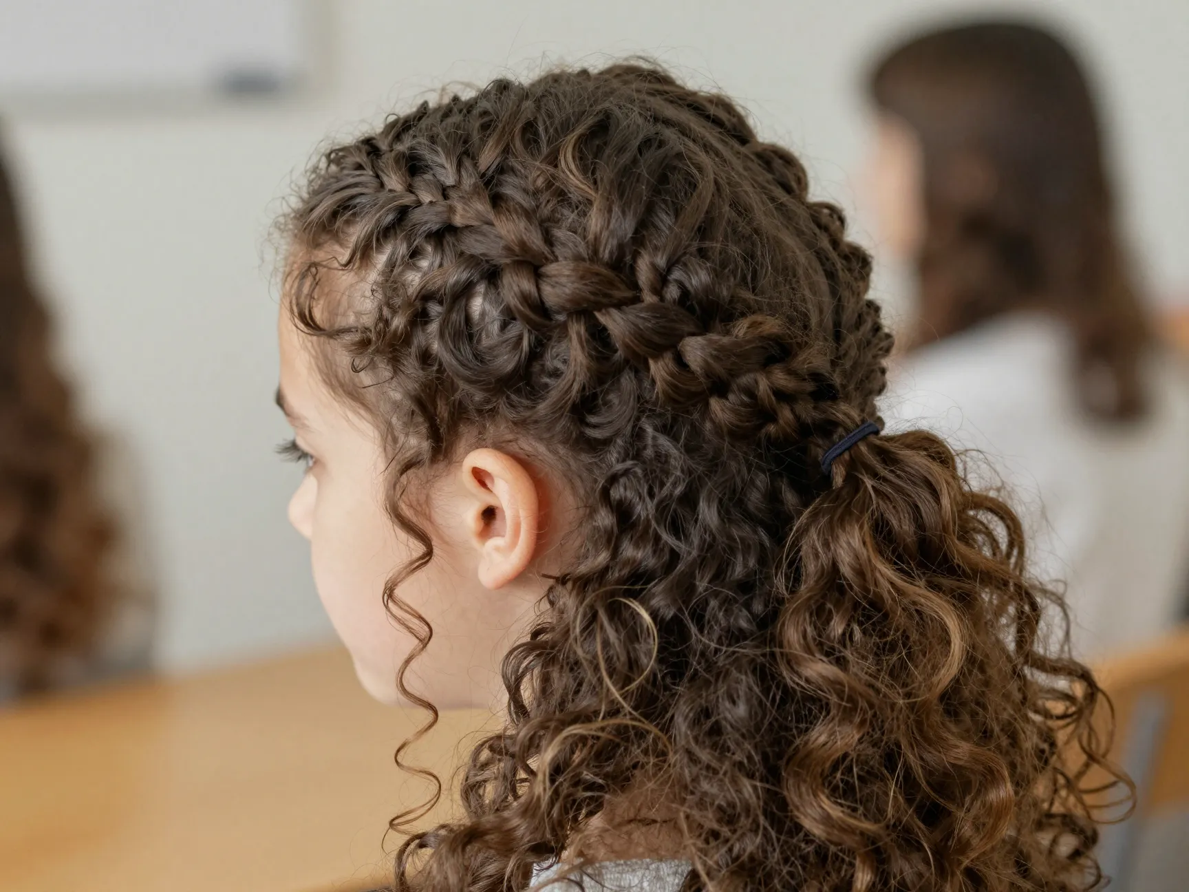 Partial french braids on wavy curly hair with loose curls