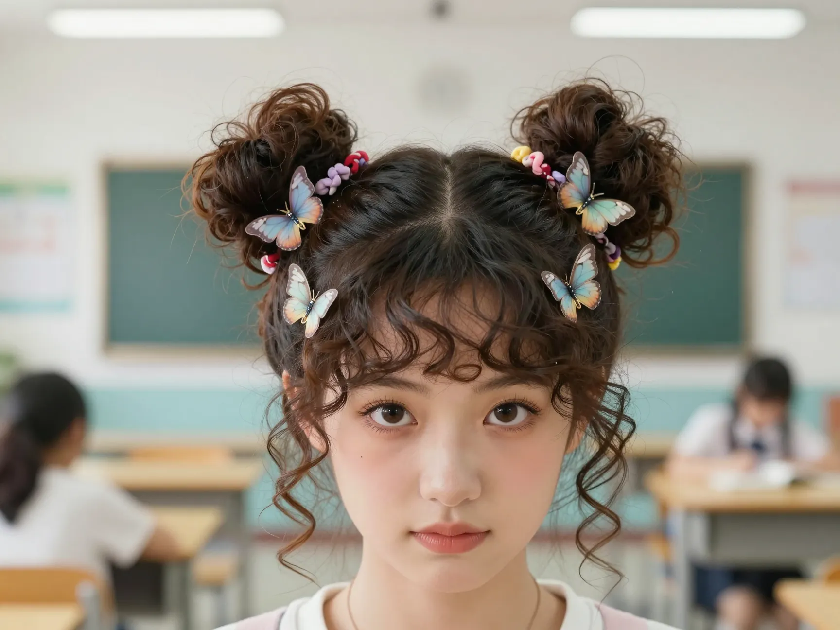 High fluffy space buns on curly hair with butterfly clips