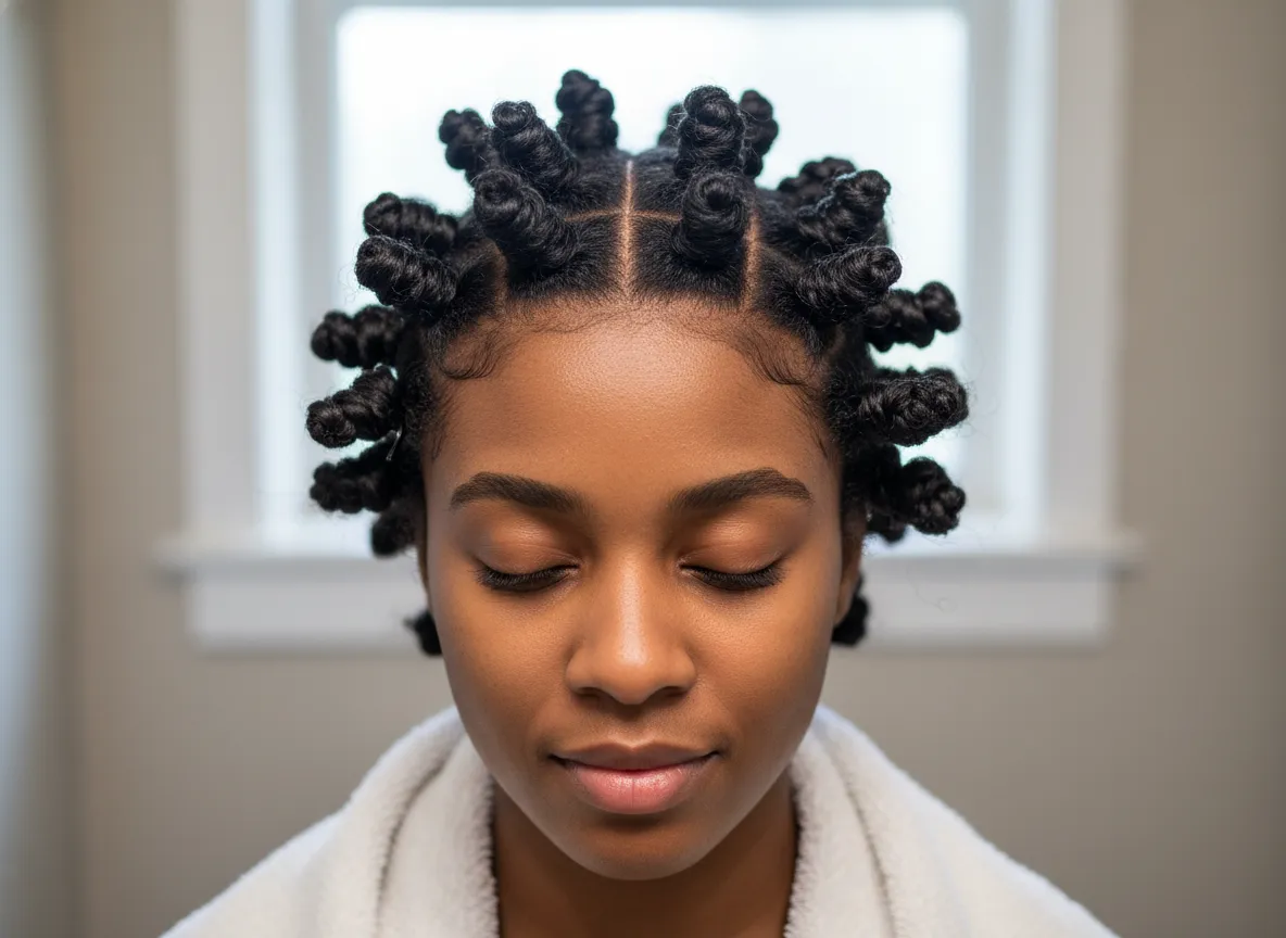 Multiple bantu knots protective style on freshly washed hair