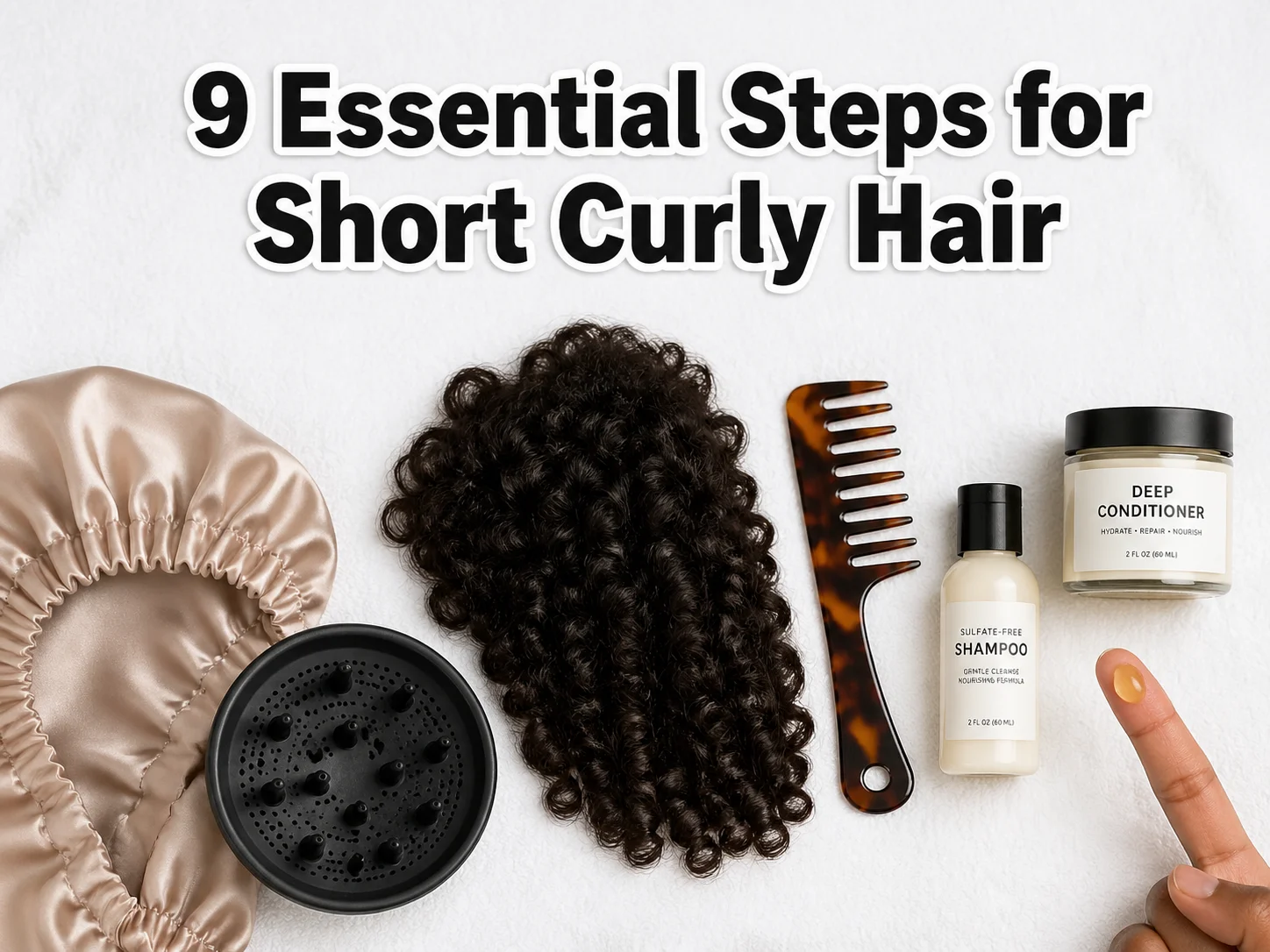 Short curly hair routine flat lay essentials towel bonnet diffuser