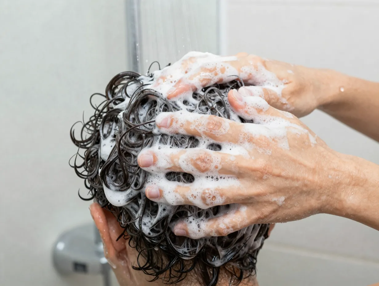 Applying sulfate free shampoo to wet short curly hair in shower