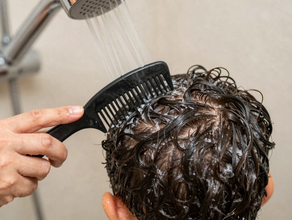 Detangling short curly hair with a wide tooth comb under running water