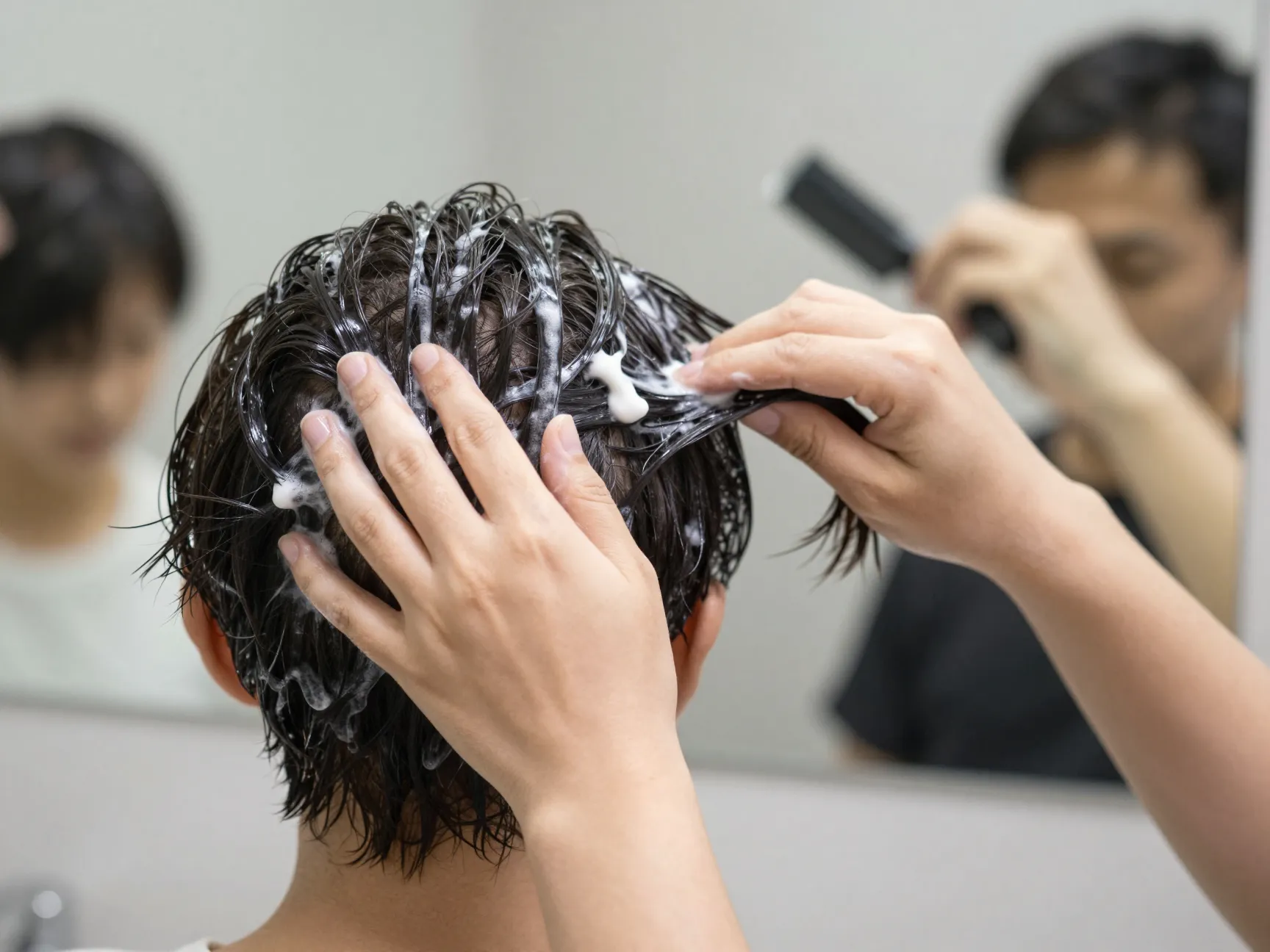 Defining short curls by raking and shaking curl cream into wet hair