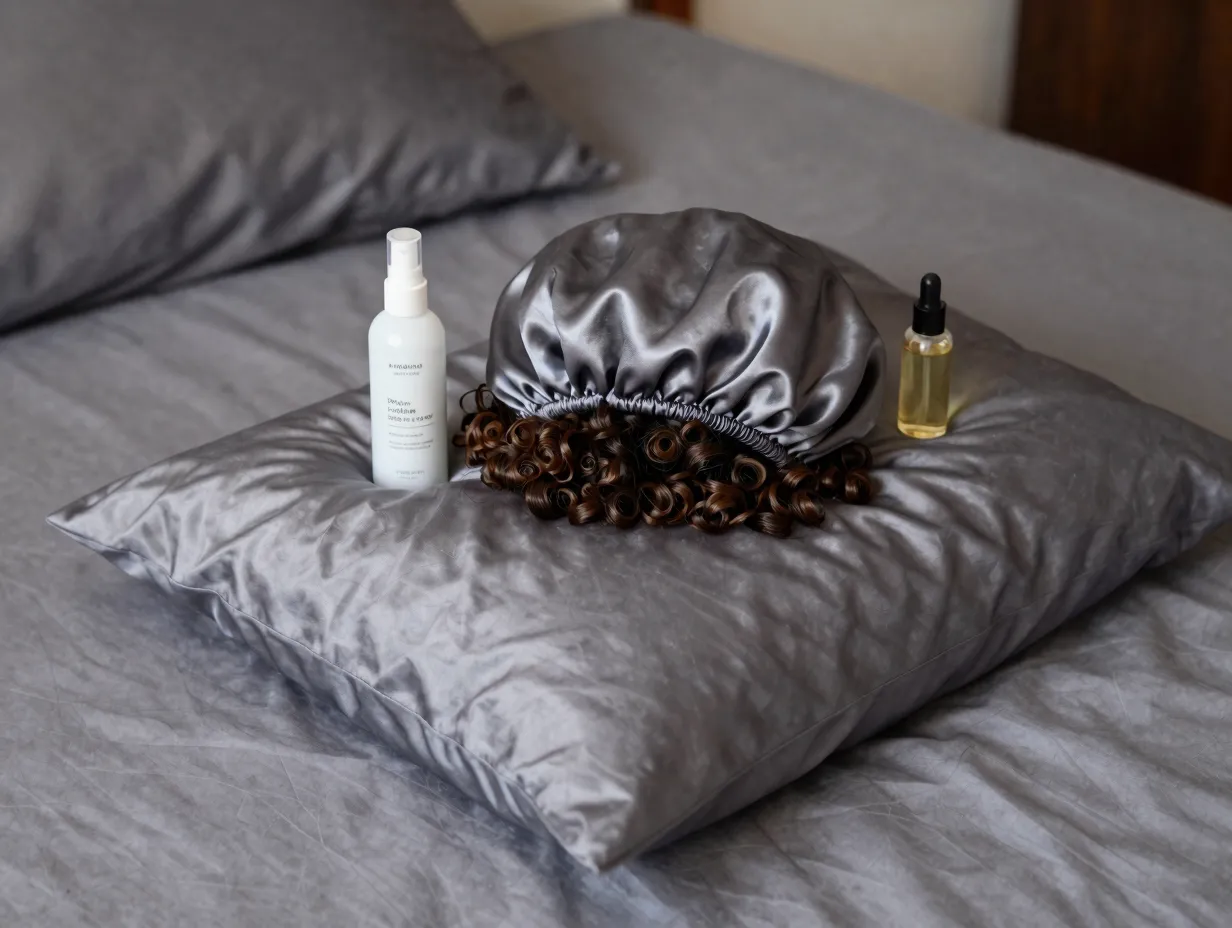 Short curly hair protected overnight with a satin bonnet on a pillow