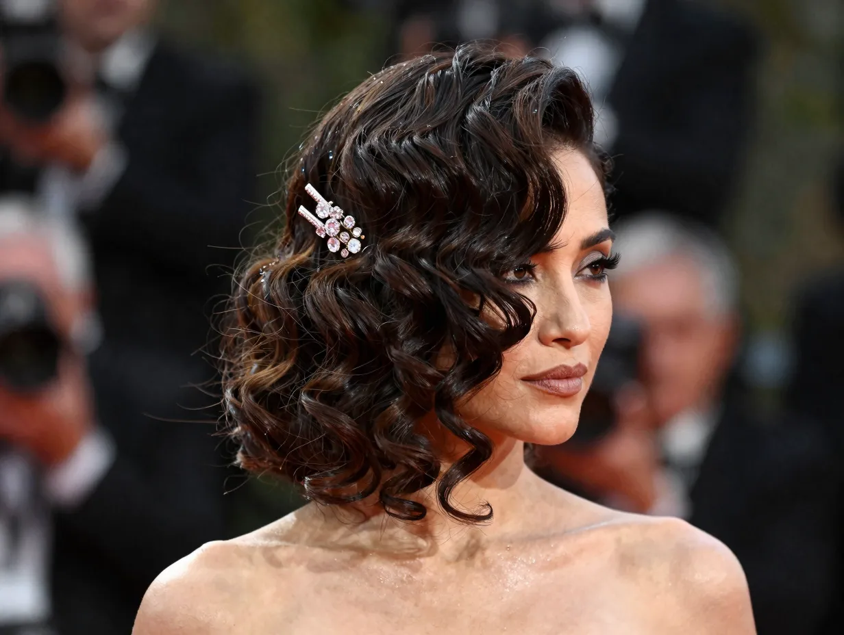 Side swept curly glamour hairstyle with jeweled clip formal event