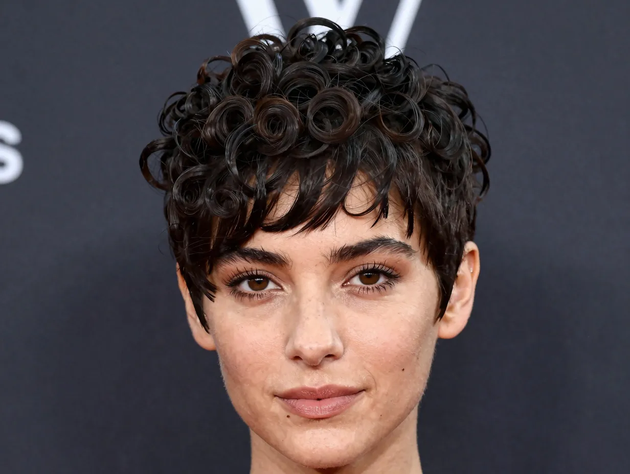 Sculpted curly pixie haircut with tapered sides and textured crown