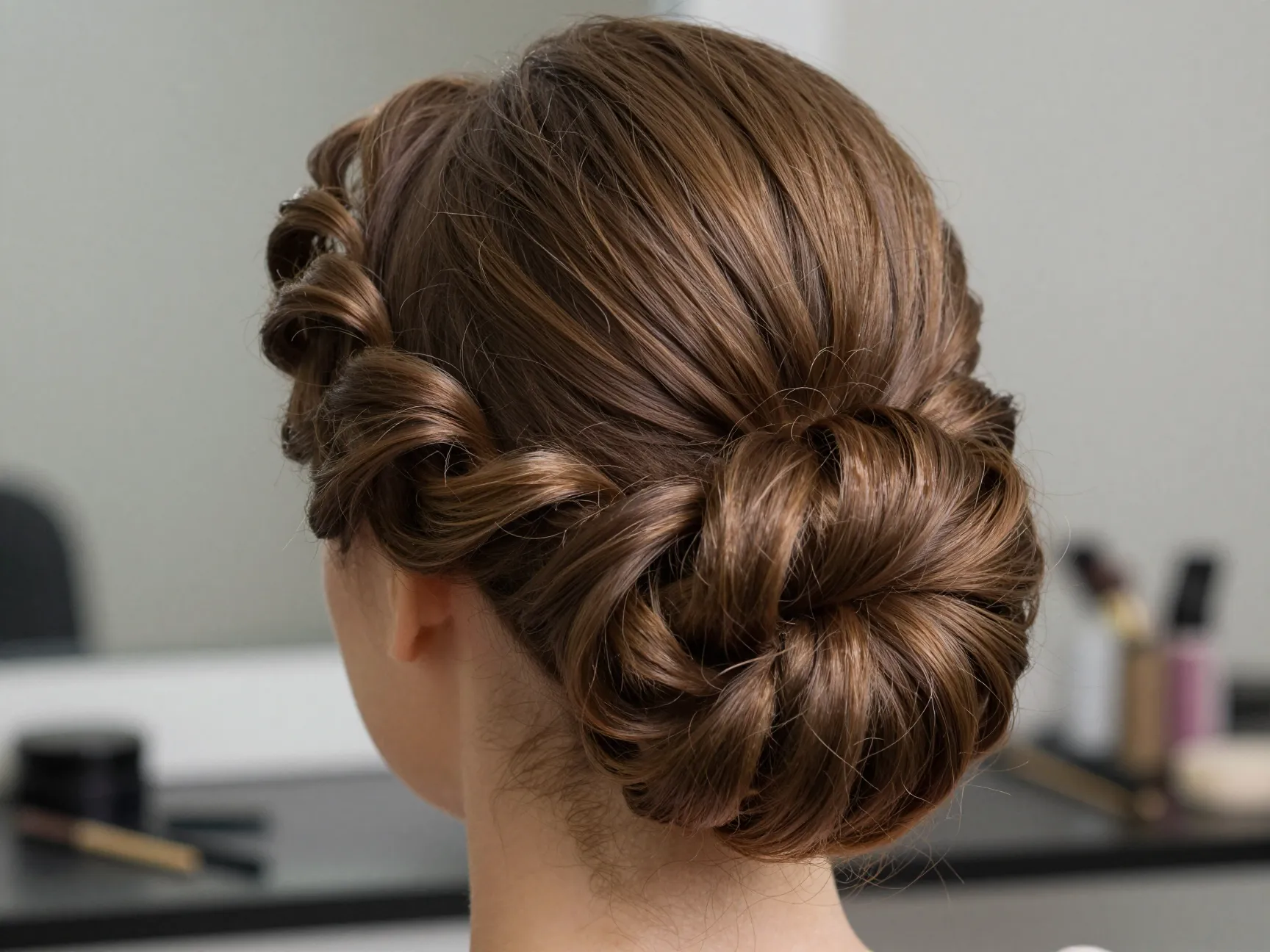 Defined ringlet updo hairstyle sculptural precise curled arrangement