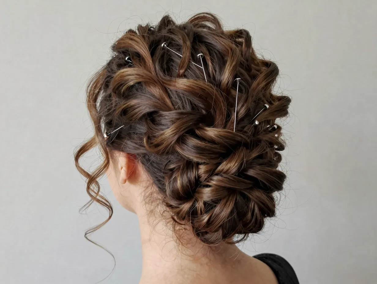Curly french twist updo with loose pins and soft escaped curls