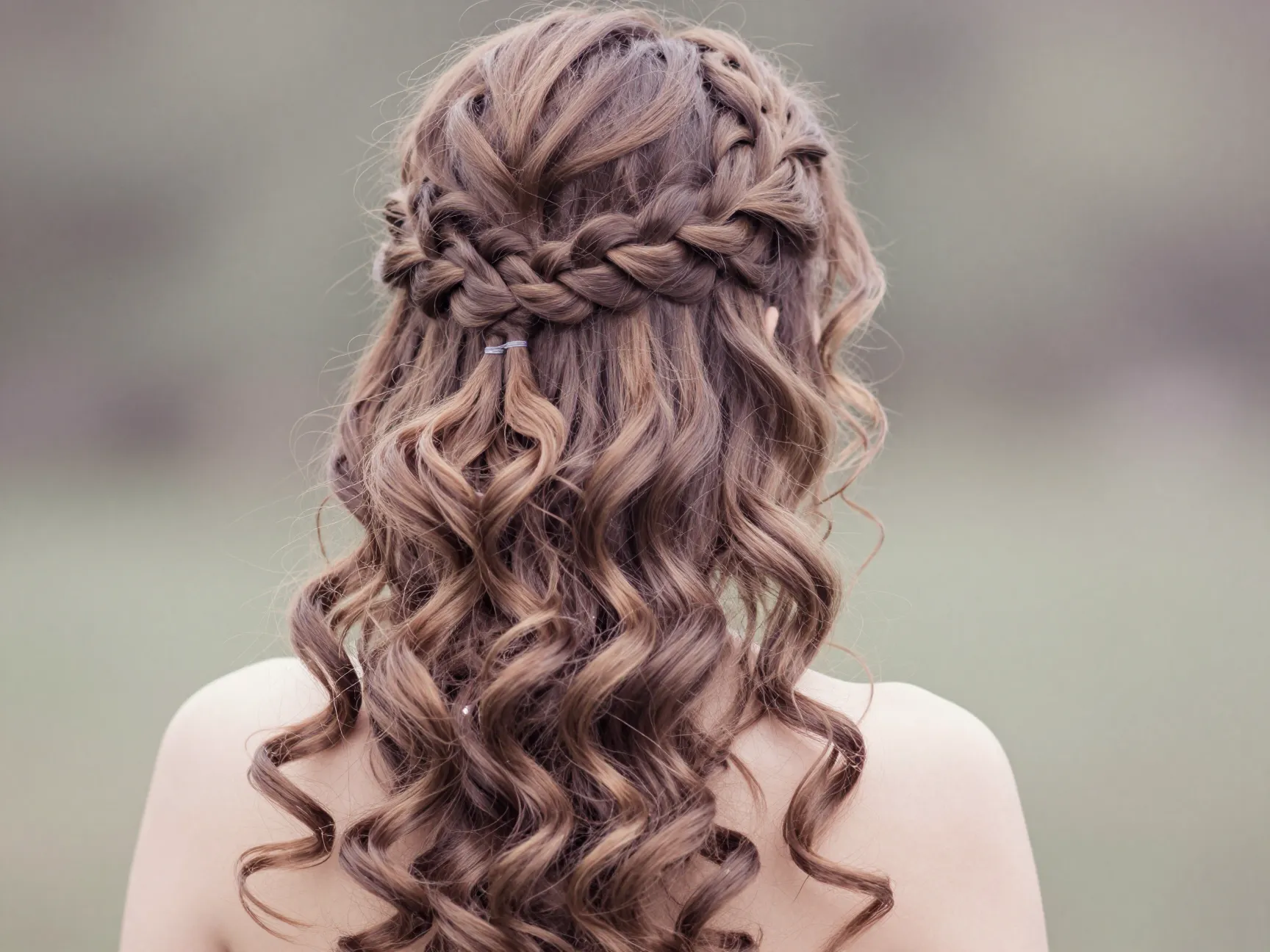 Waterfall braid with cascading curls romantic formal prom hairstyle