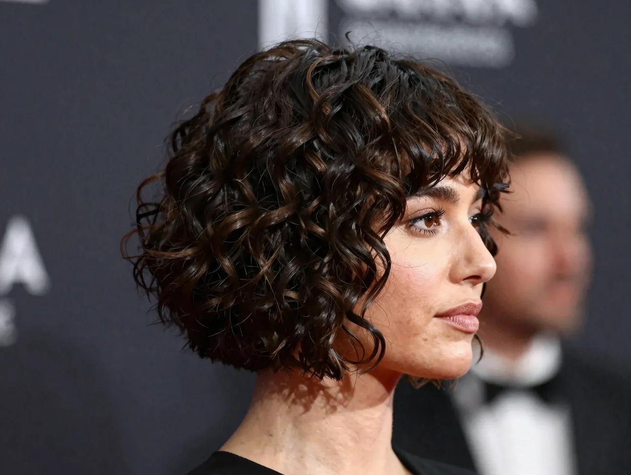 Curly bob with blunt ends jaw length bold volume silhouette